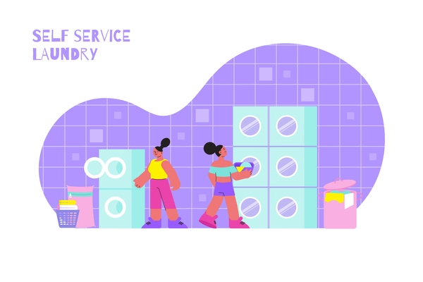 Self service laundry concept with washing symbols flat vector illustration