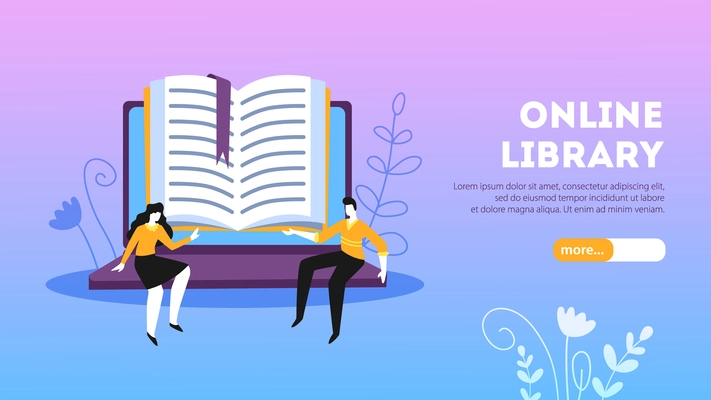 Online library landing page with small male and female characters sitting on laptop keyboard and holding big open book vector illustration