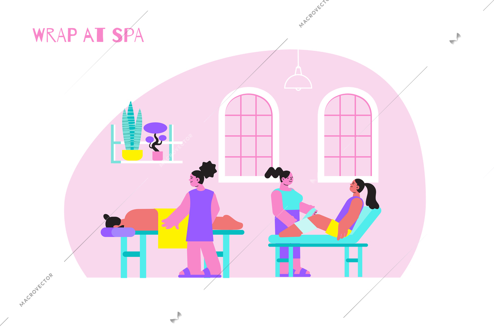 Wrap spa flat composition with indoor massage room scenery with windows shelves and doodle human characters vector illustration