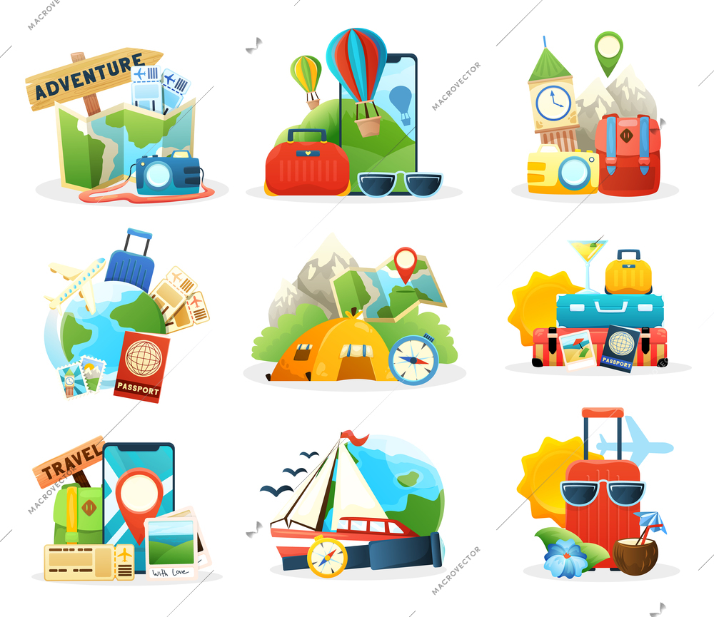 Travel colored isolated compositions set with famous landmarks world map tickets online booking passenger baggage flat vector illustration