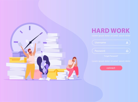 People tired from hard work with piles of papers flat background with login form vector illustration