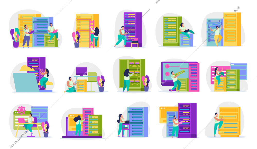 Colored icons set with system administrators at work in server room isolated on white background vector illustration