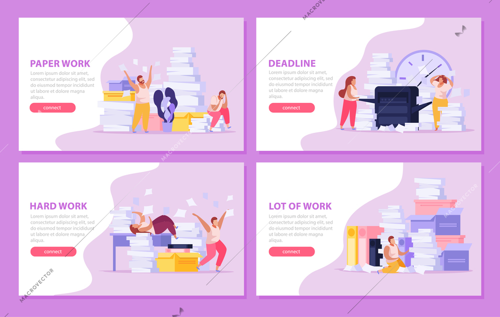 Horizontal banners set with tired people working with papers before dead line flat isolated vector illustration