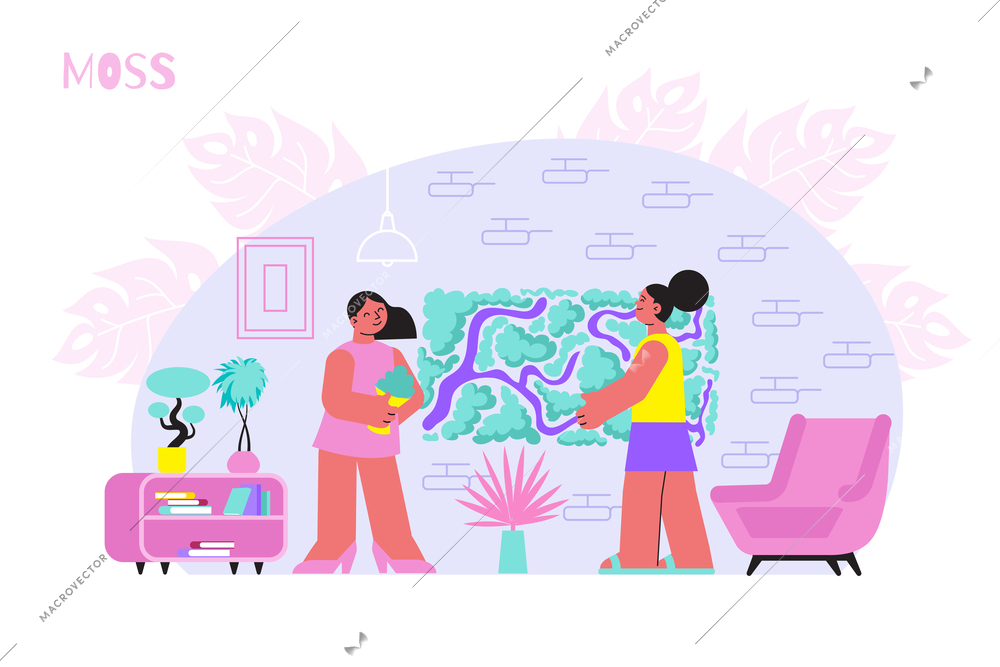 Moss decorative stabilized flat composition with indoor scenery and home plant on wall with human characters vector illustration