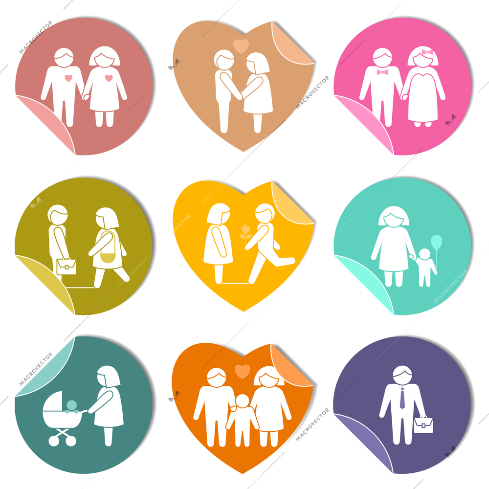 Women and men family love symbol stickers set of parents children couple isolated vector illustration.