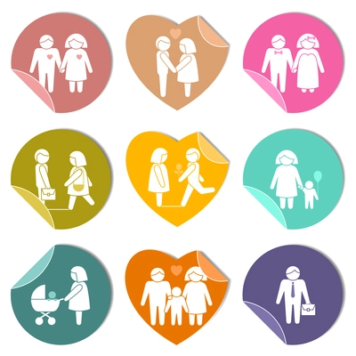 Women and men family love symbol stickers set of parents children couple isolated vector illustration.