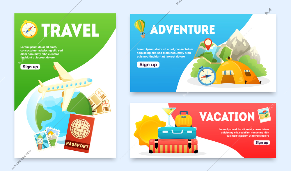 Travel flat banners set with airplane passport globe tourist tent compass map suitcase isolated vector illustration