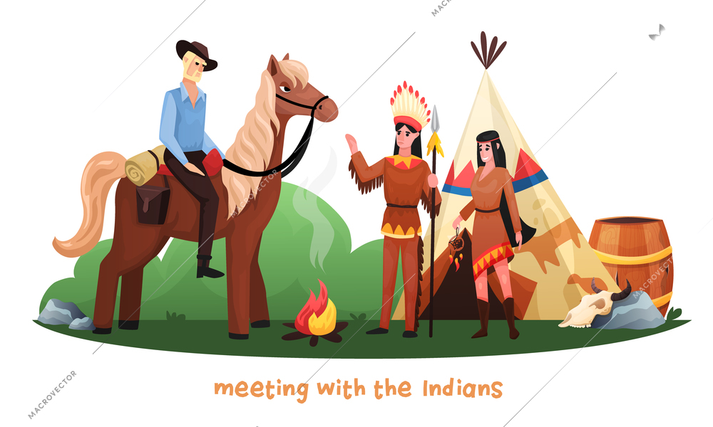 Wild west cartoon vector illustration with cowboy riding horse meeting with indians in national dress and hunting weapon