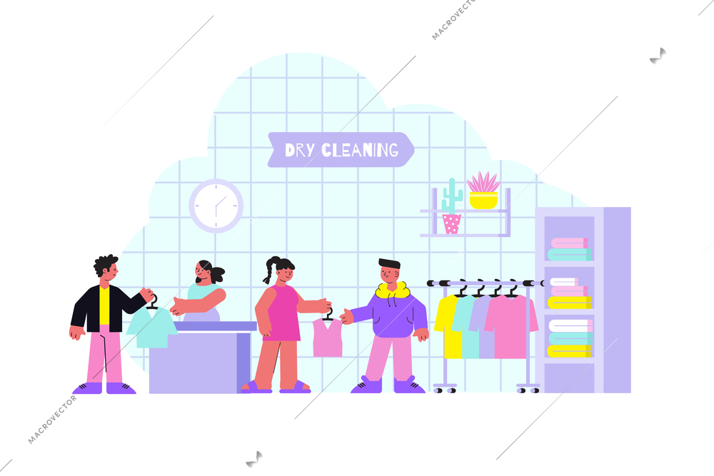 Dry cleaning concept with laundry service symbols flat vector illustration