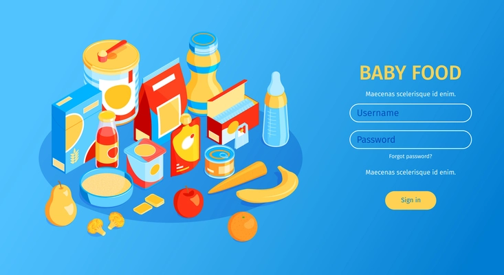 Isometric baby food horizontal banner with fields for username and password clickable button and childs meal vector illustration