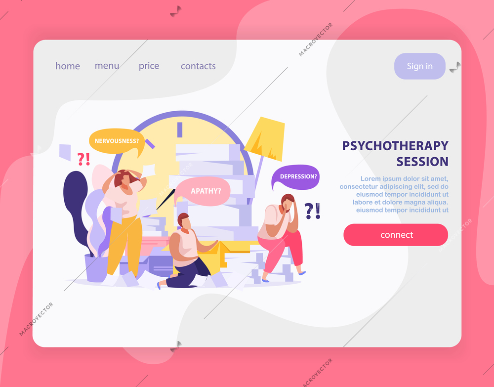 Psychotherapy session landing page with tired people suffering from apathy depression nervousness working at office flat vector illustration