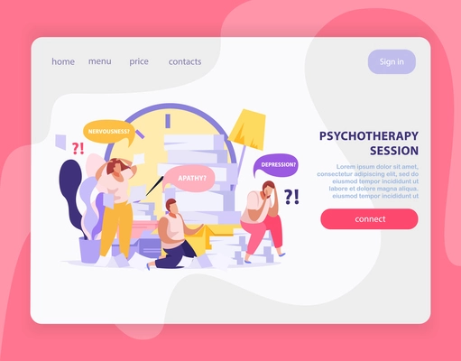 Psychotherapy session landing page with tired people suffering from apathy depression nervousness working at office flat vector illustration