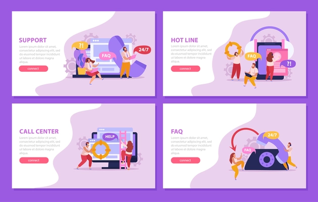 Online support service horizontal banners set with call center workers isolated vector illustration