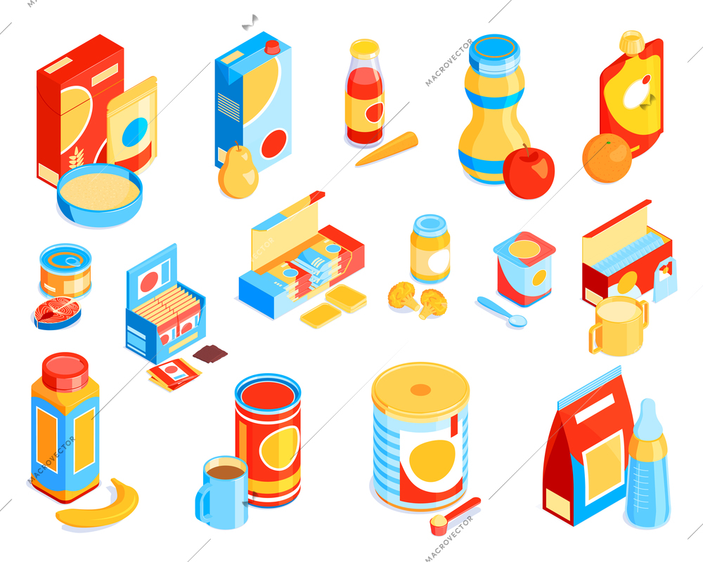 Isometric baby food color set with colourful isolated images of product packaging and unpacked childs meal vector illustration