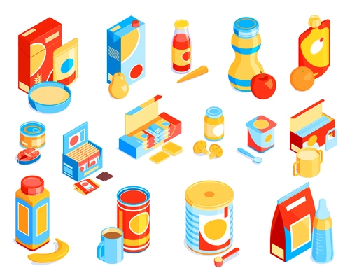 Isometric baby food color set with colourful isolated images of product packaging and unpacked childs meal vector illustration