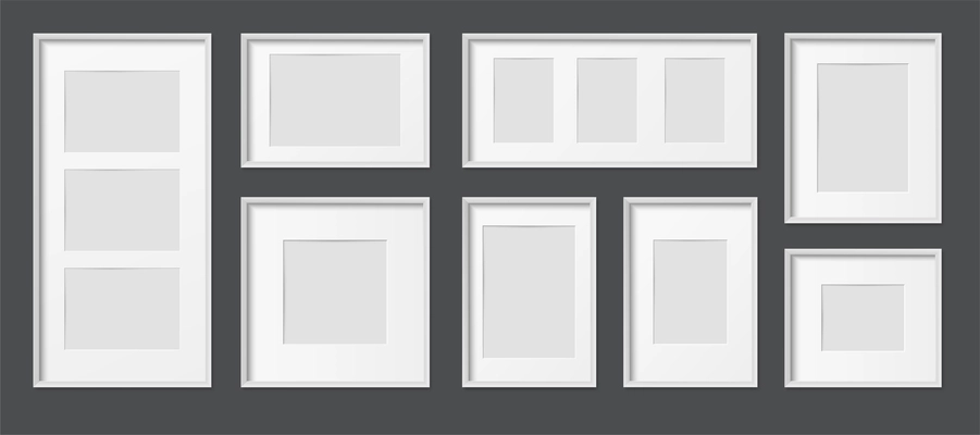 White wooden and plastic rectangular realistic picture frames various sizes mockup set black background vector illustration