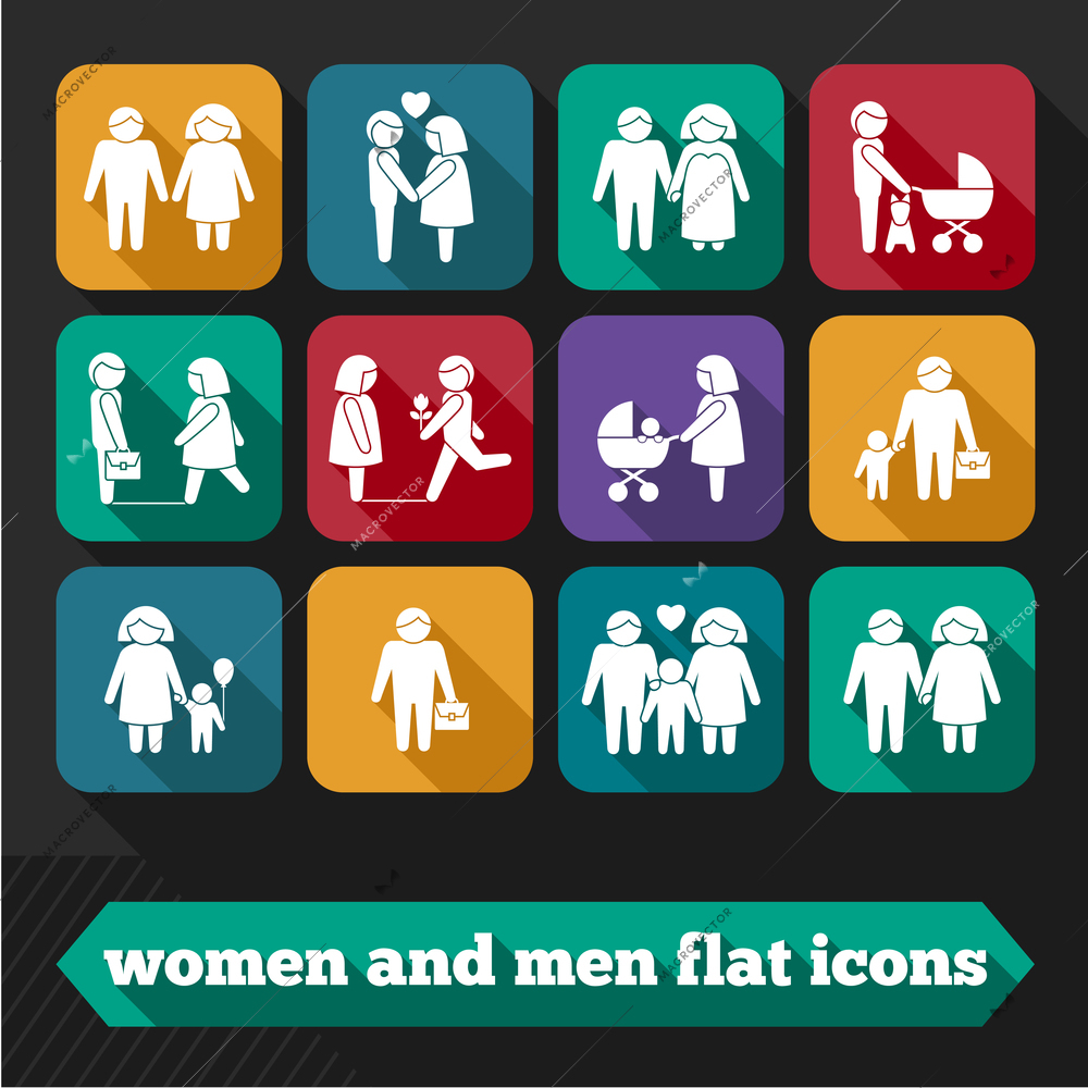 Women and men family flat icons set of dating couple marriage baby isolated vector illustration