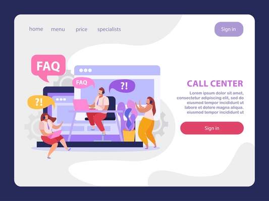 Online support service flat landing page with call center operators answering questions vector illustration