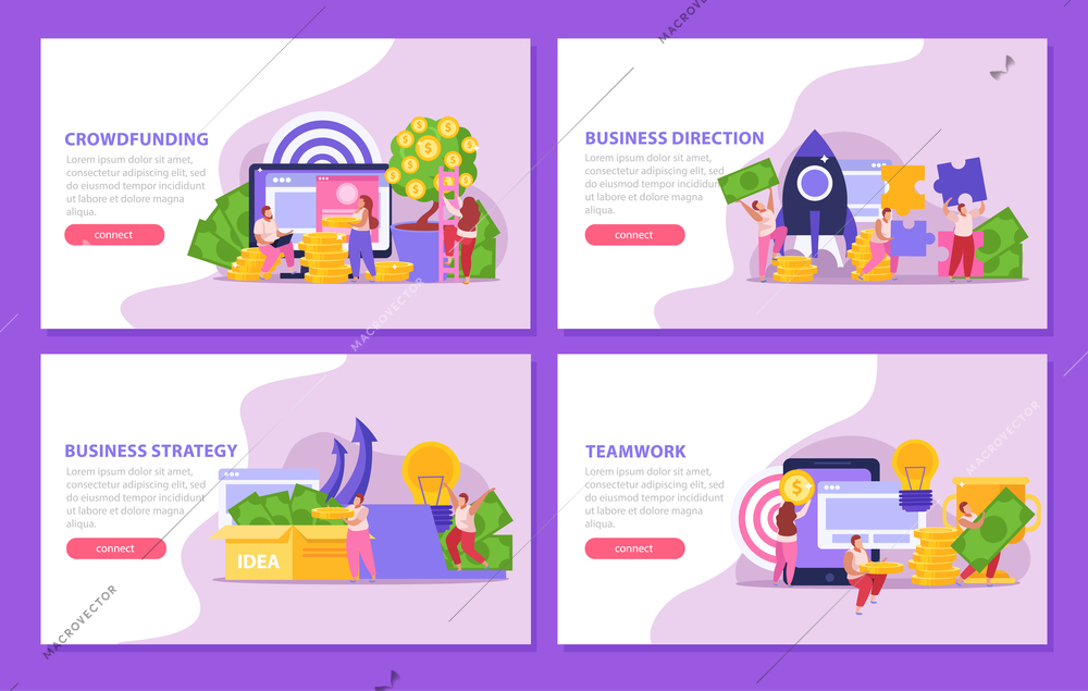 Flat set of four crowdfunding banners with people collecting and investing money for projects isolated vector illustration