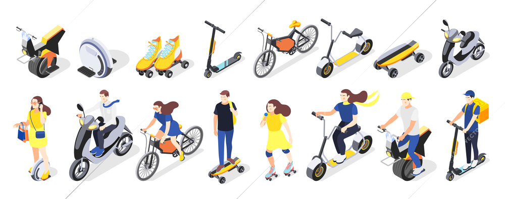 Modern city personal eco transport isometric icons set of skateboards bicycles gyro scooters electric vehicles vector illustration