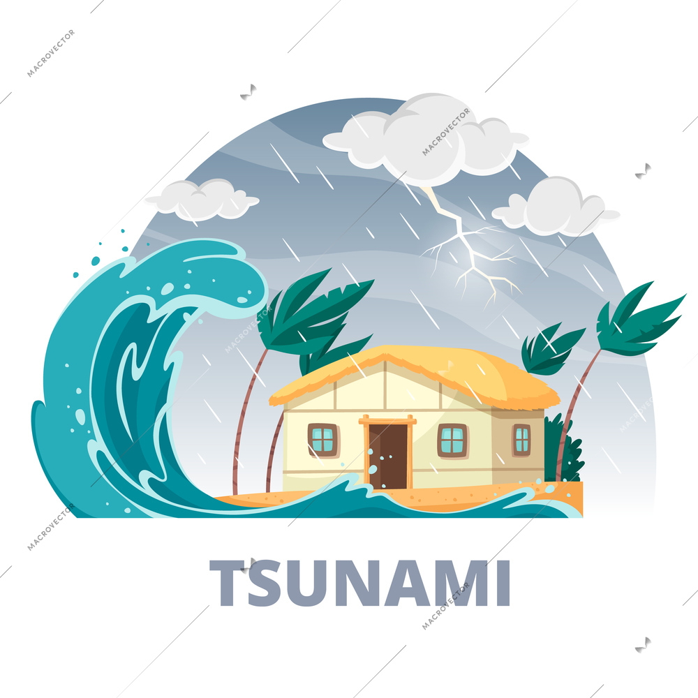 Natural disaster cartoon circle composition with rainy sky and impending storm and tsunami wave with house vector illustration