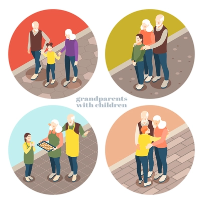 Grandparents with children 2x2 design concept with old people playing chess walking  communicated with their grandchildren isometric vector illustration