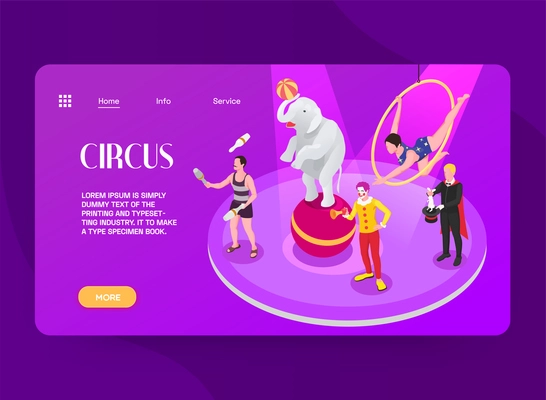 Circus isometric page design with show info and service vector illustration