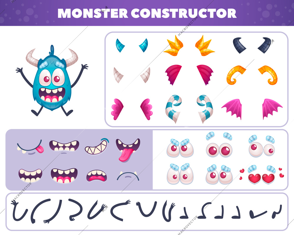 Cartoon monster emoticons set of isolated elements for creating funny doodle character with eyes and mouths vector illustration