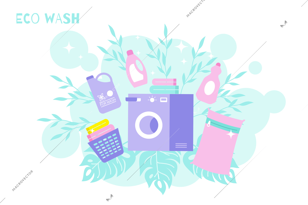 Eco laundry wash clean flat composition with text leaves background and cleaning detergents with washing machine vector illustration