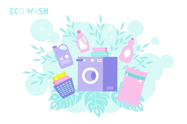 Eco laundry wash clean flat composition with text leaves background and cleaning detergents with washing machine vector illustration