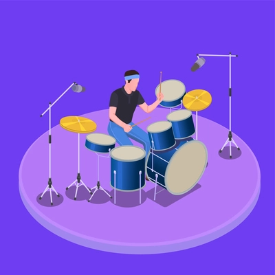 Radio studio isometric concept with drum beat symbols vector illustration