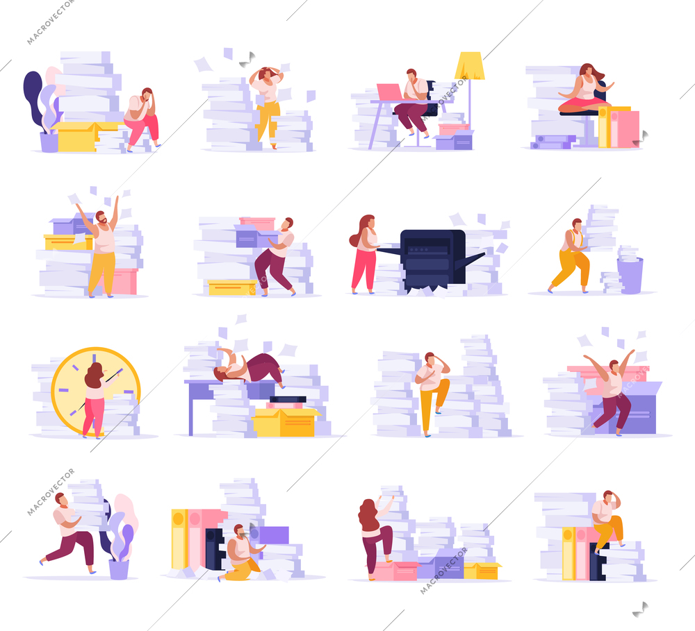 Flat icons set with people tired from paper work in office isolated vector illustration