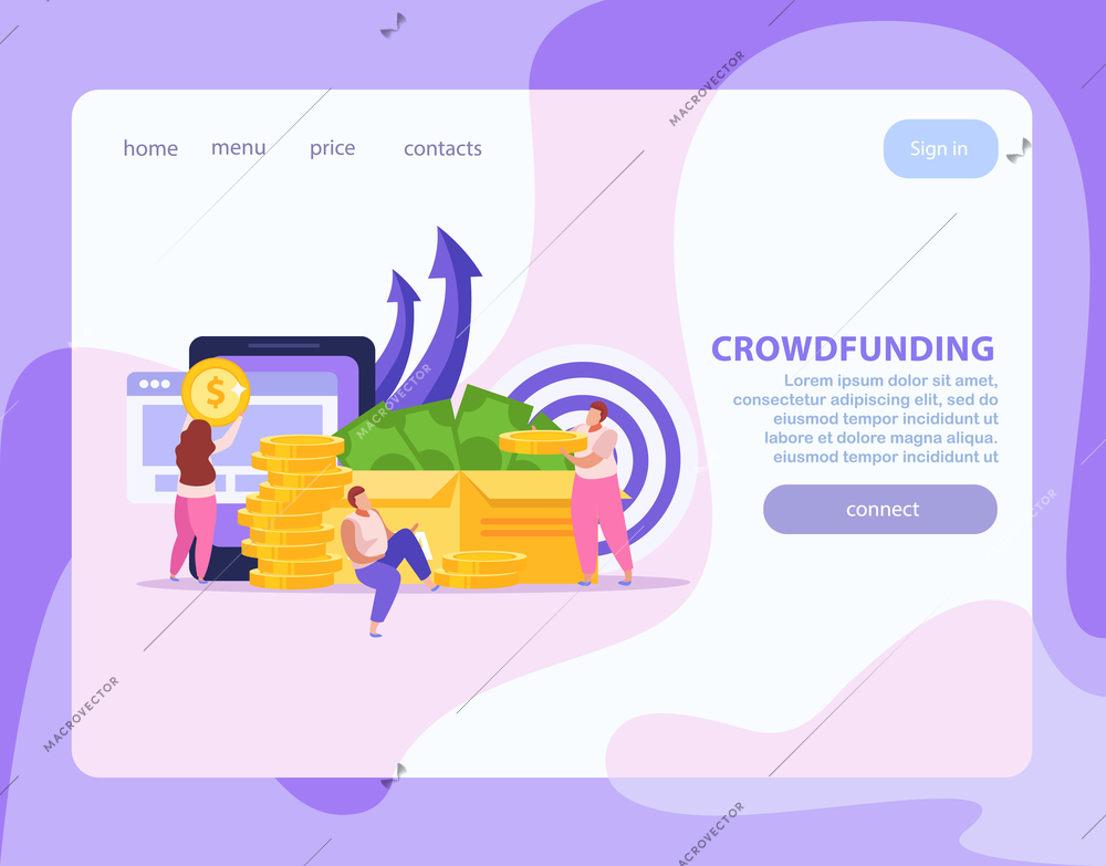 Flat landing page with people doing crowdfunding collecting money for startup vector illustration