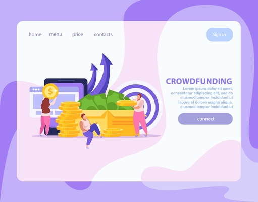 Flat landing page with people doing crowdfunding collecting money for startup vector illustration