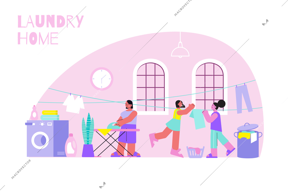 Laundry home concept with washing and ironing symbols flat vector illustration