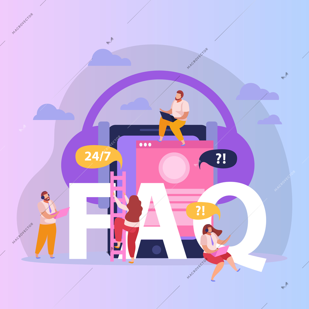 Flat composition with people from call center answering questions online vector illustration