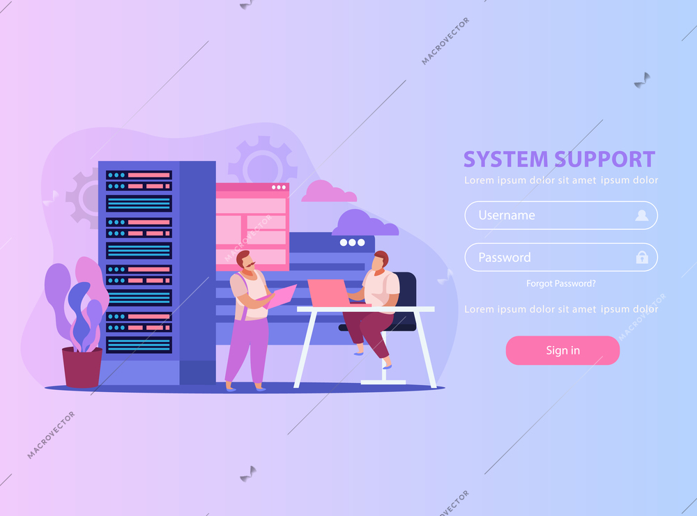 Flat background with two system administrators their work place and form for username and password vector illustration