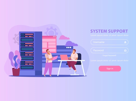 Flat background with two system administrators their work place and form for username and password vector illustration