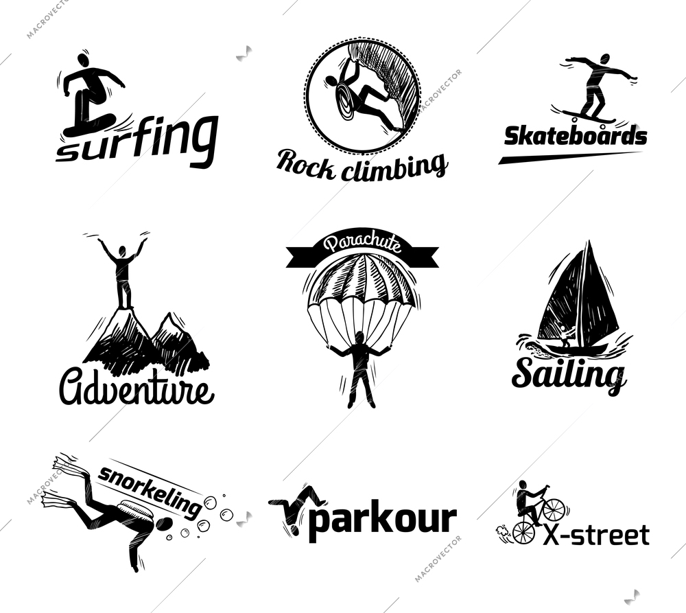 Extreme sports label sketch of diving climbing sailing isolated vector illustration