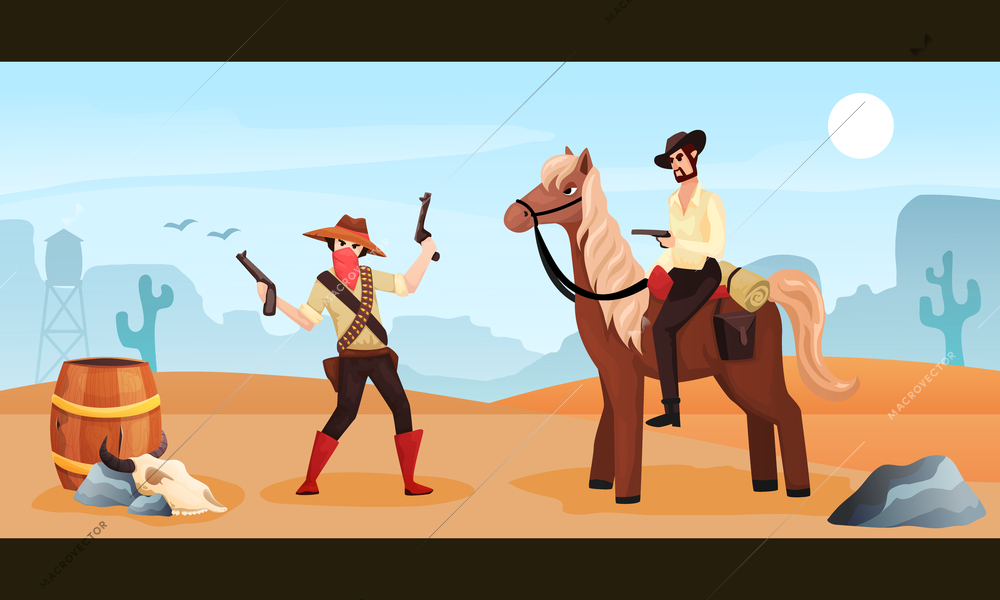 Wild west colored cartoon poster with cowboy riding horse meeting with gangster holding two guns vector illustration