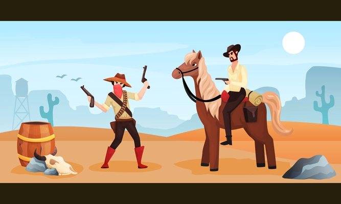 Wild west colored cartoon poster with cowboy riding horse meeting with gangster holding two guns vector illustration