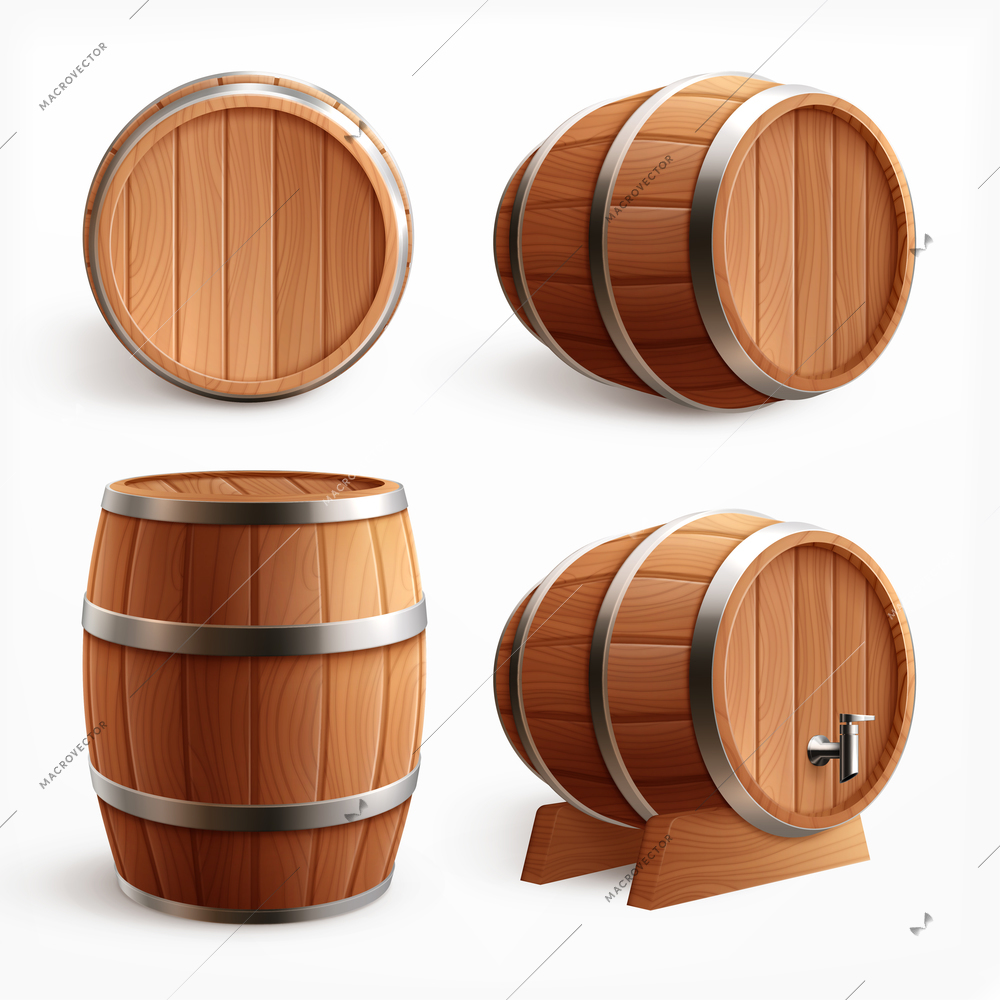 Wooden barrels realistic set with four isolated images of oak casks with timber body and faucet vector illustration
