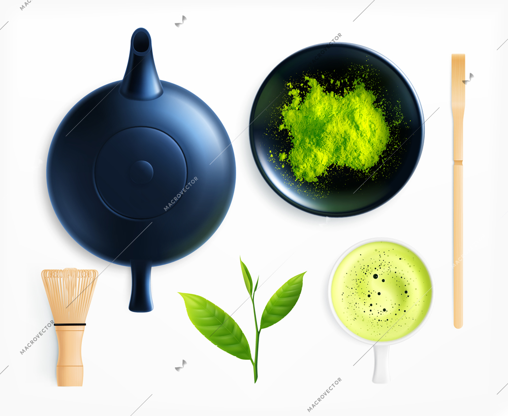 Matcha tea realistic collection with isolated images of teapot cup and powder with leaves and stirrer vector illustration