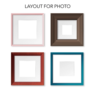 Square picture frames realistic mockup set of 4 various materials and color thin and massive vector illustration