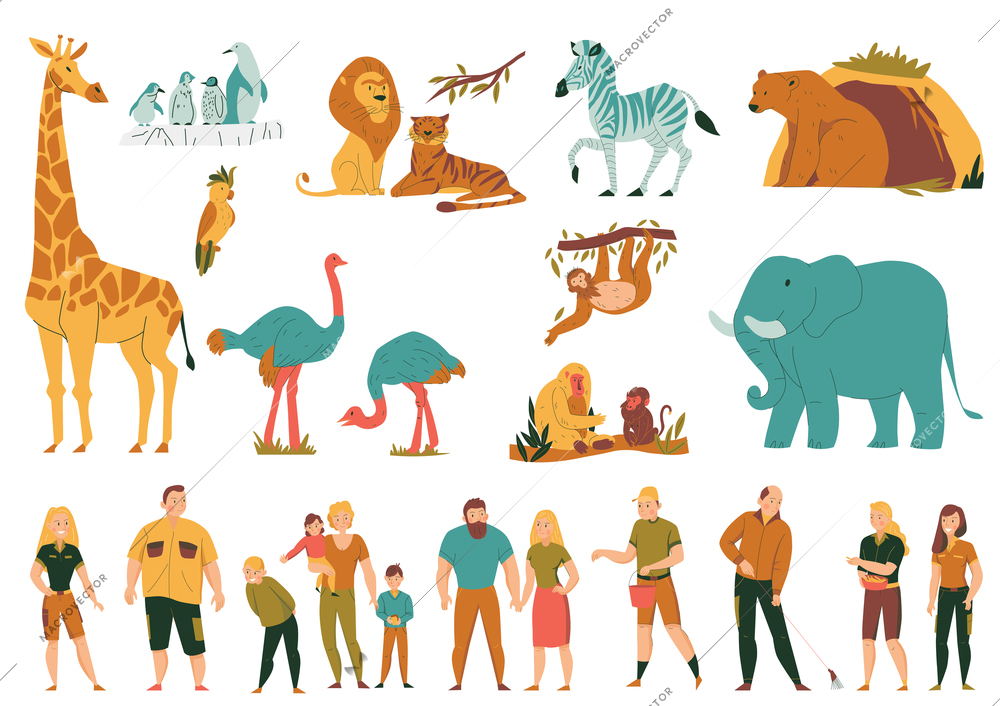 Flat colored set with wild animals birds and visitors with children at zoo isolated vector illustration