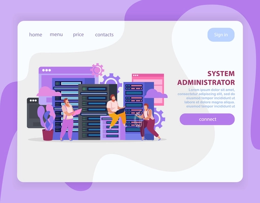 Flat landing page with system administrators working on laptops vector illustration