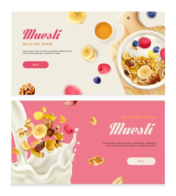 Set of two realistic muesli horizontal banners with ornate text clickable buttons and images of food vector illustration