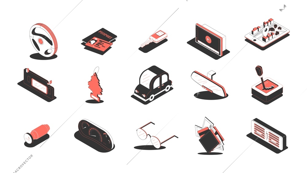 Behind wheel isometric icons set with vehicle parts and tools for cars 3d isolated vector illustration