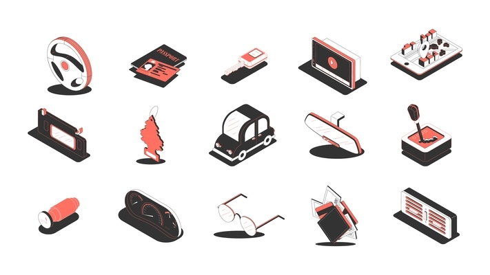 Behind wheel isometric icons set with vehicle parts and tools for cars 3d isolated vector illustration