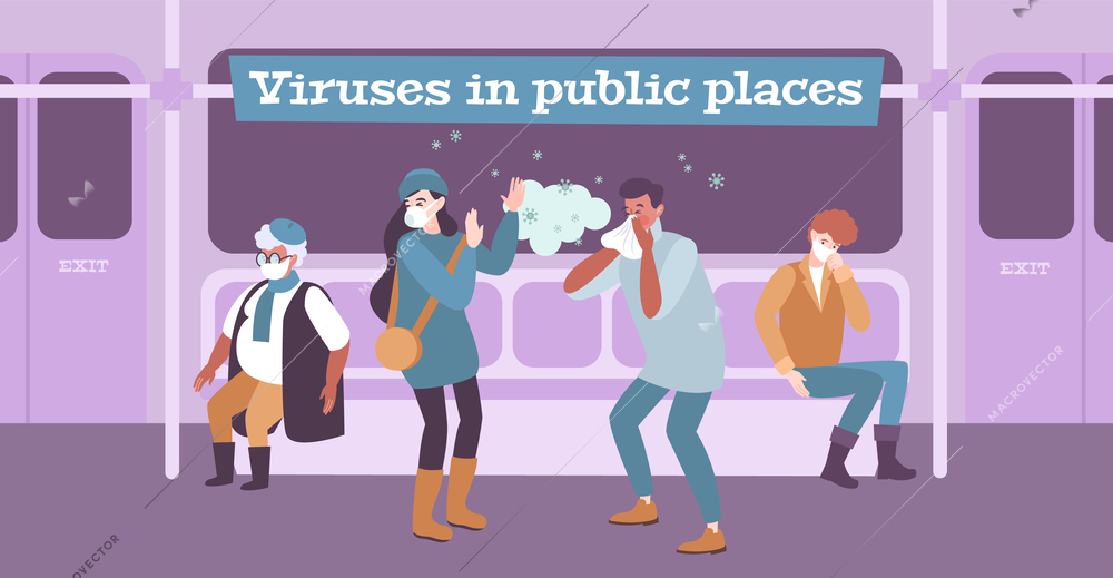 Mask protection virus flat composition with subway public place and blowing people infecting passengers with coronavirus vector illustration